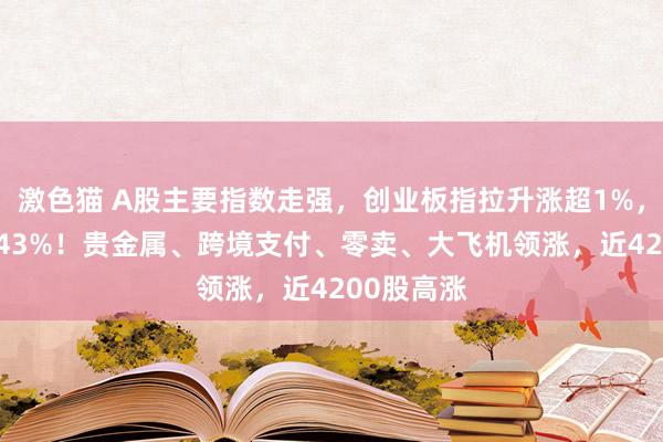 激色猫 A股主要指数走强，创业板指拉升涨超1%，沪指涨0.43%！贵金属、跨境支付、零卖、大飞机领涨，近4200股高涨